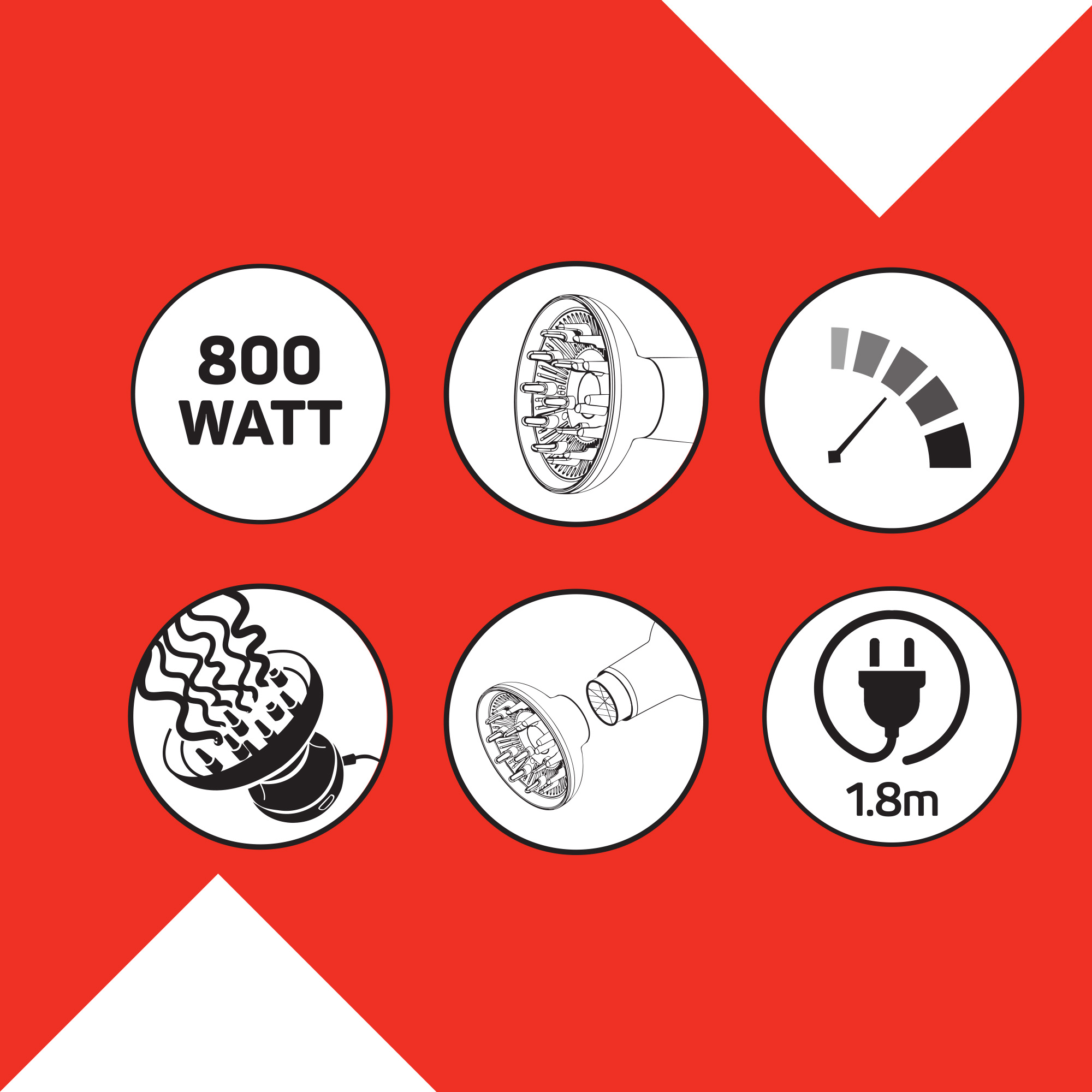 Simgeler 800 watt, difüzör, güç, saç, başlık ve 1,8 m kablo gösterir.