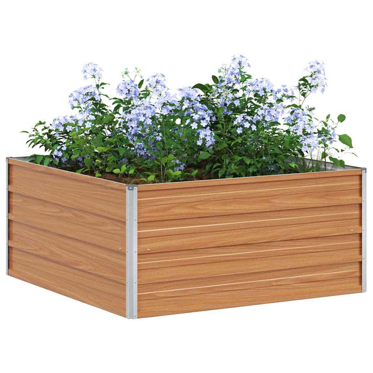 Un'aiuola rialzata effetto legno con fiori blu.