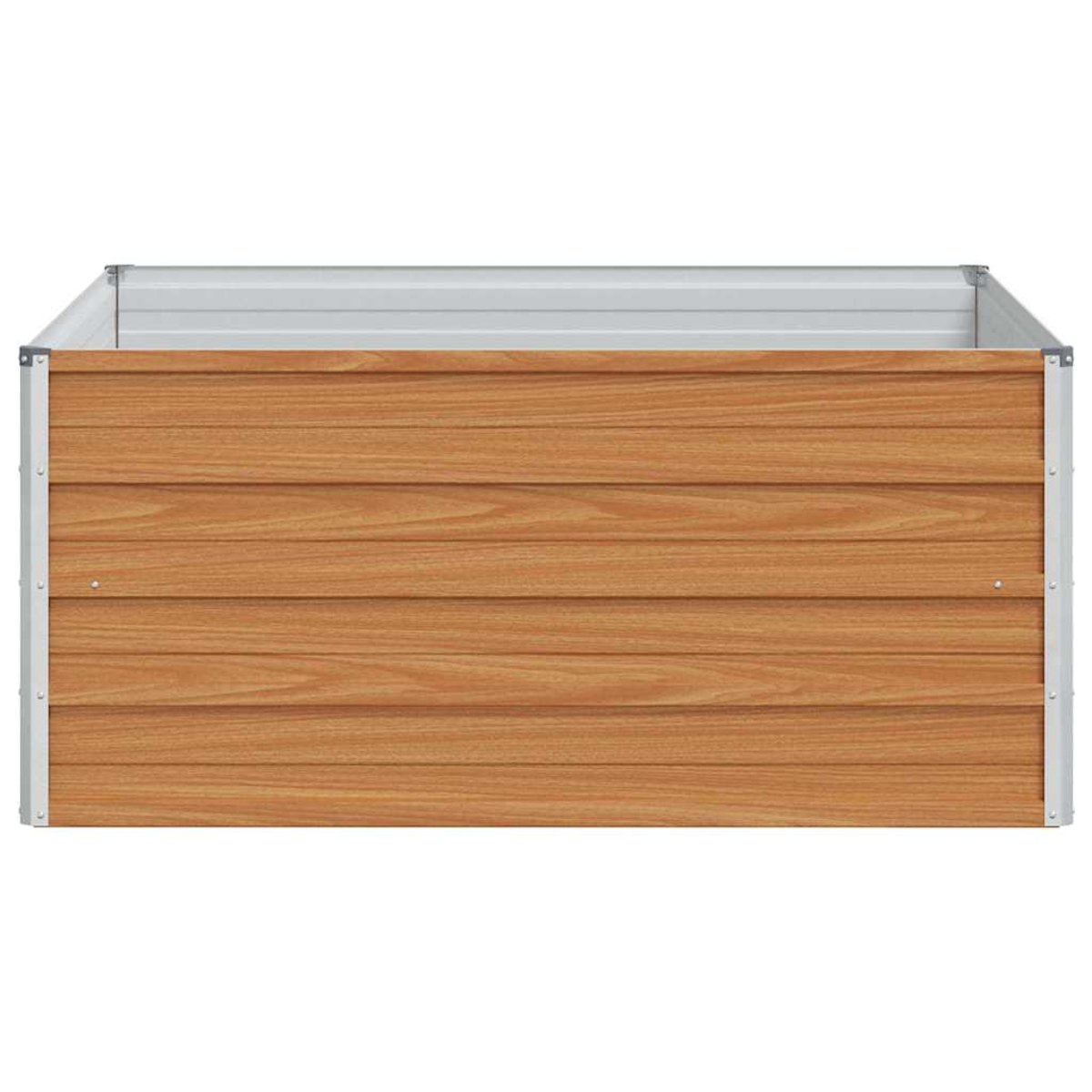 Un letto rialzato rettangolare con venature di legno e bordi argentati.