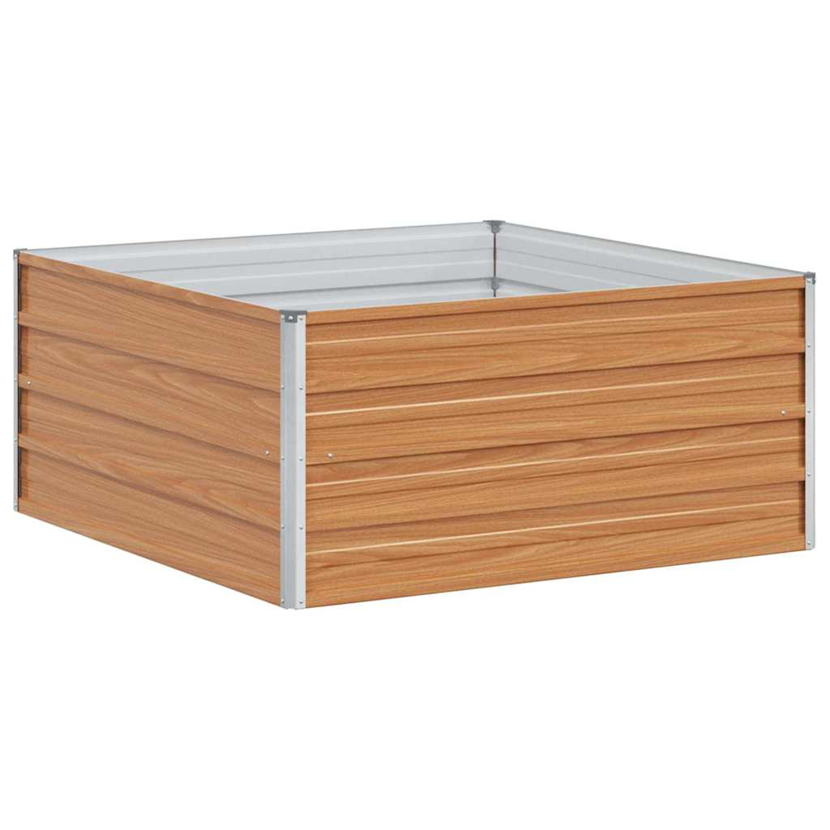 Un telaio rettangolare per aiuola rialzata in finta legno e metallo.