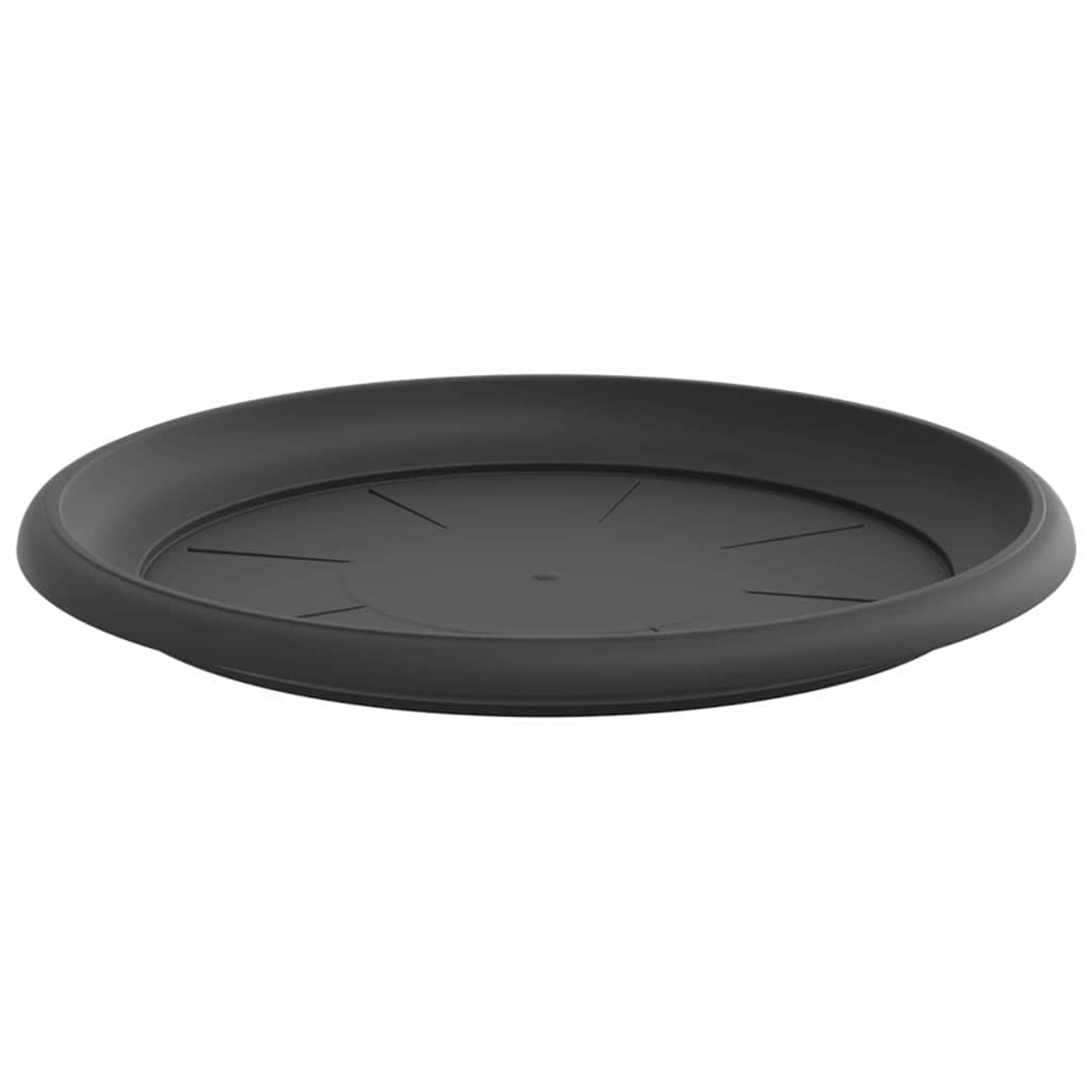 Un sottovaso rotondo nero con bordo rialzato e scanalature.