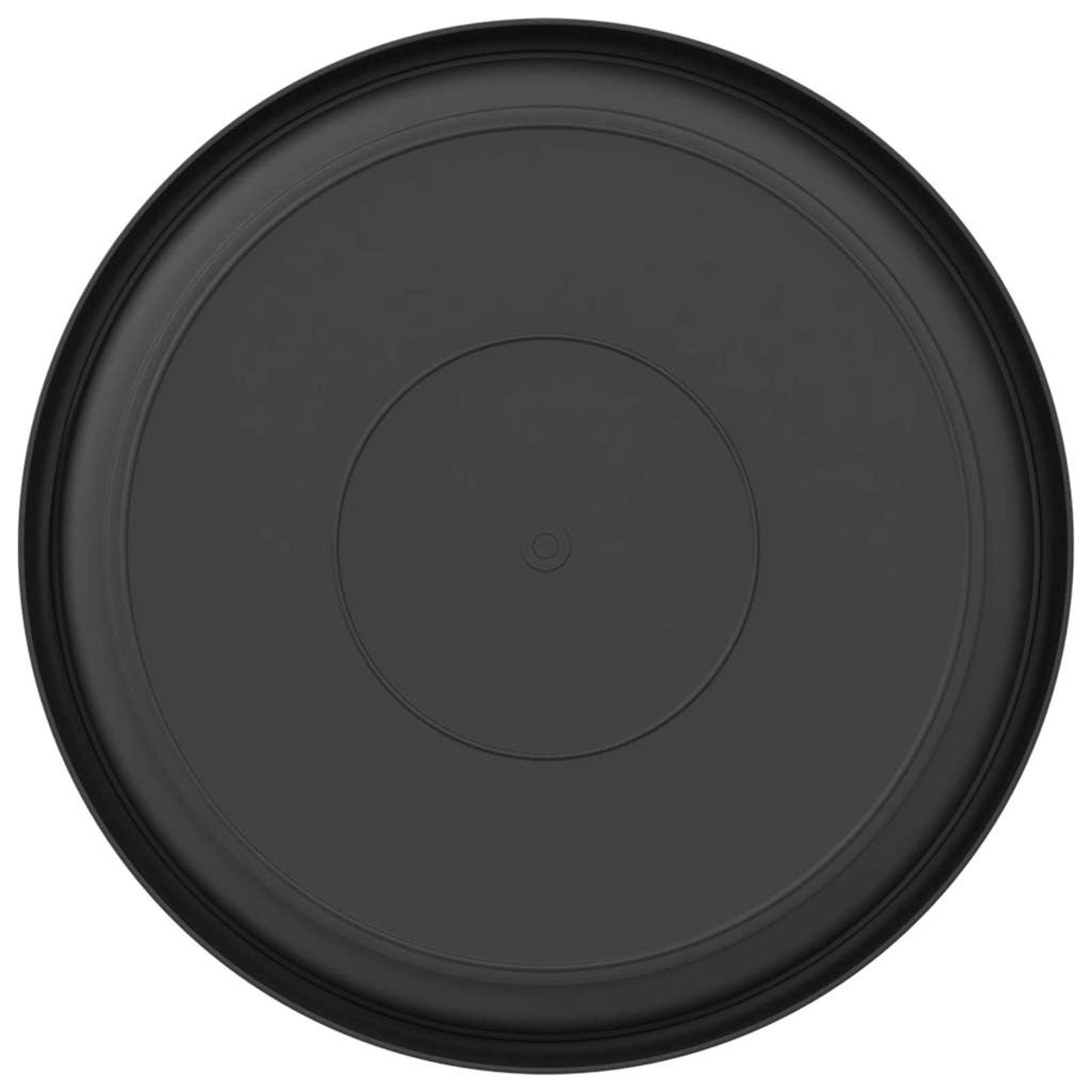 Un sottovaso nero e rotondo con anelli concentrici e un piccolo centro rialzato.