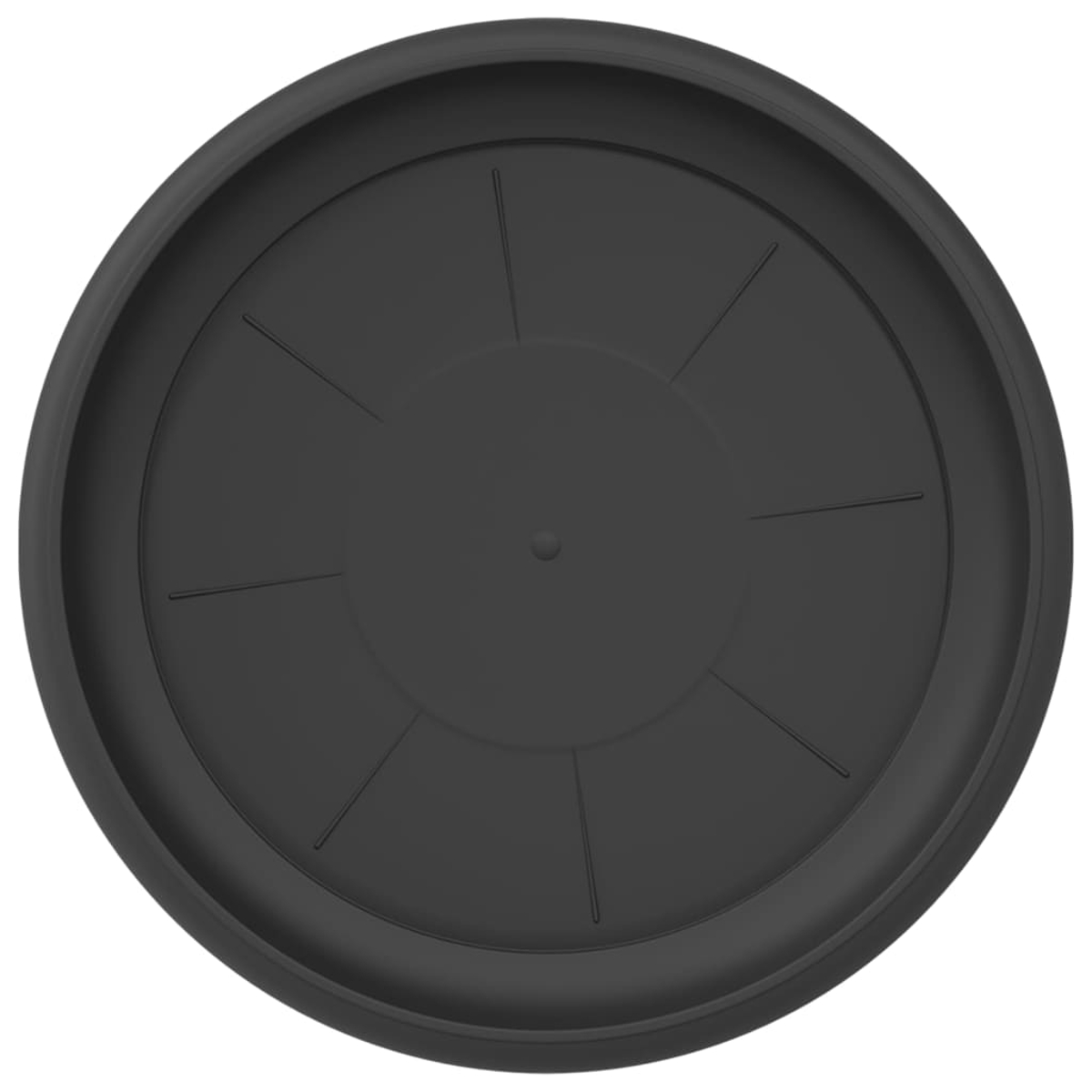 Un sottovaso rotondo nero con linee radiali e un punto centrale.