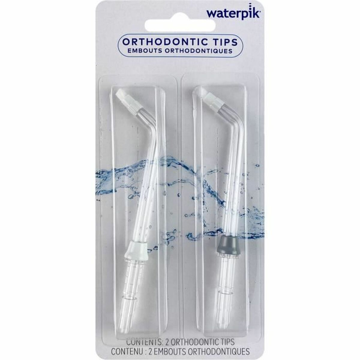 Zwei Waterpik kieferorthopädische Spitzen in Blisterpackung mit Wasserspritzern.