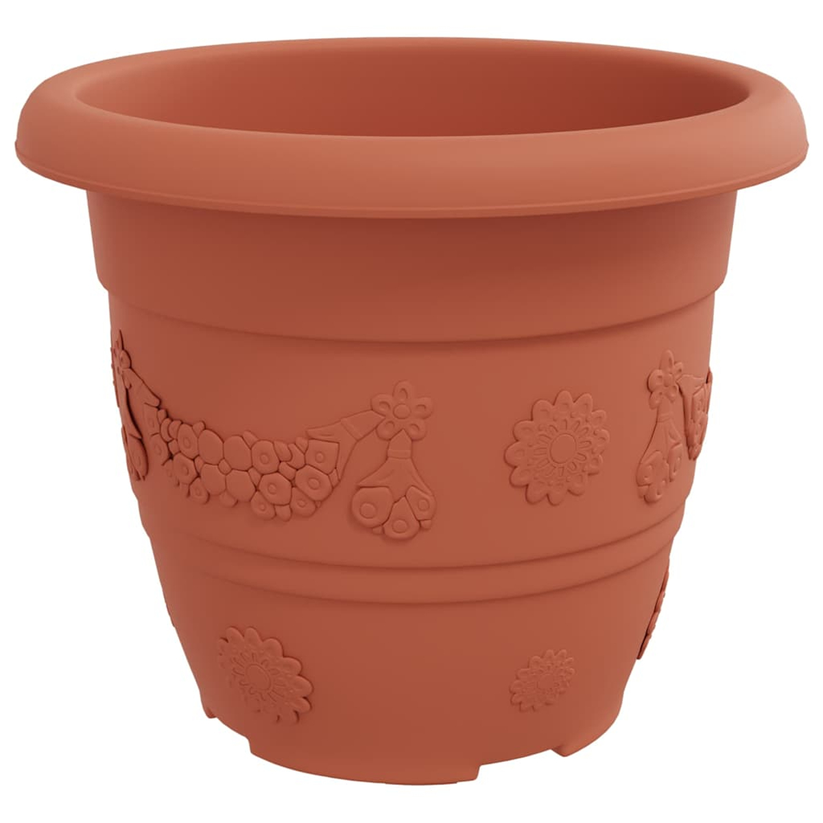 Un vaso di fiori marrone in plastica con disegni in rilievo di fiori e farfalle.