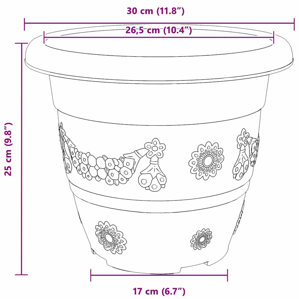 Un vaso di fiori con dimensioni e decorazioni.