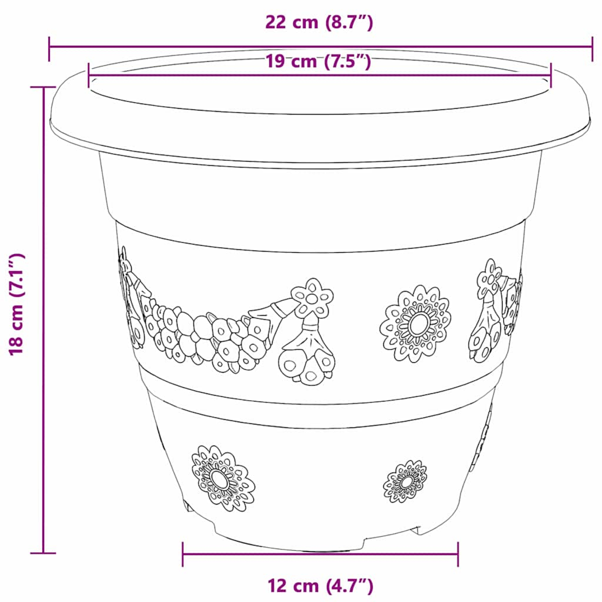 Un vaso di fiori con motivi in rilievo. Altezza 18 cm, diametro superiore 22 cm.