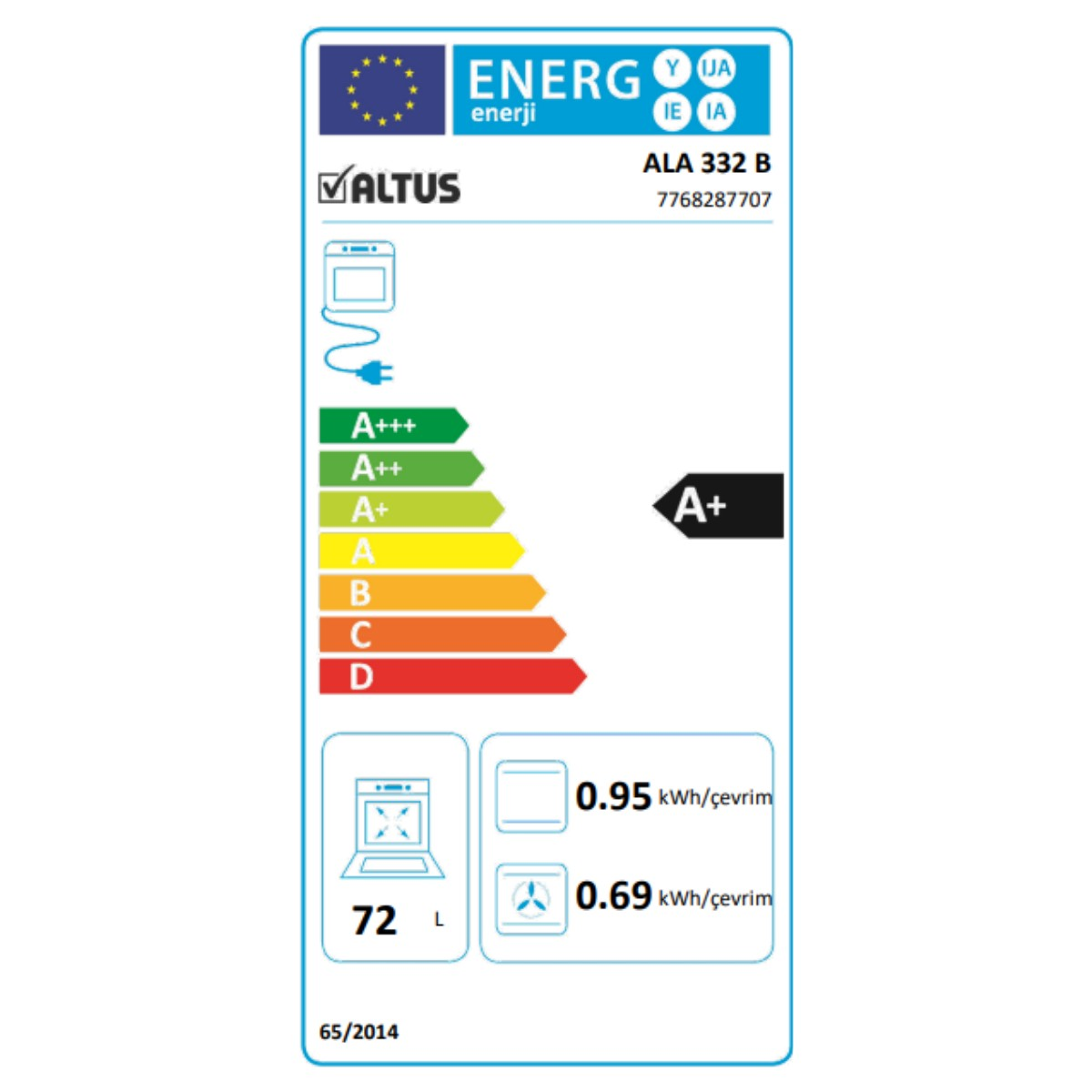 Altus marka, ALA 332 B model buzdolabı enerji verimliliği etiketi.