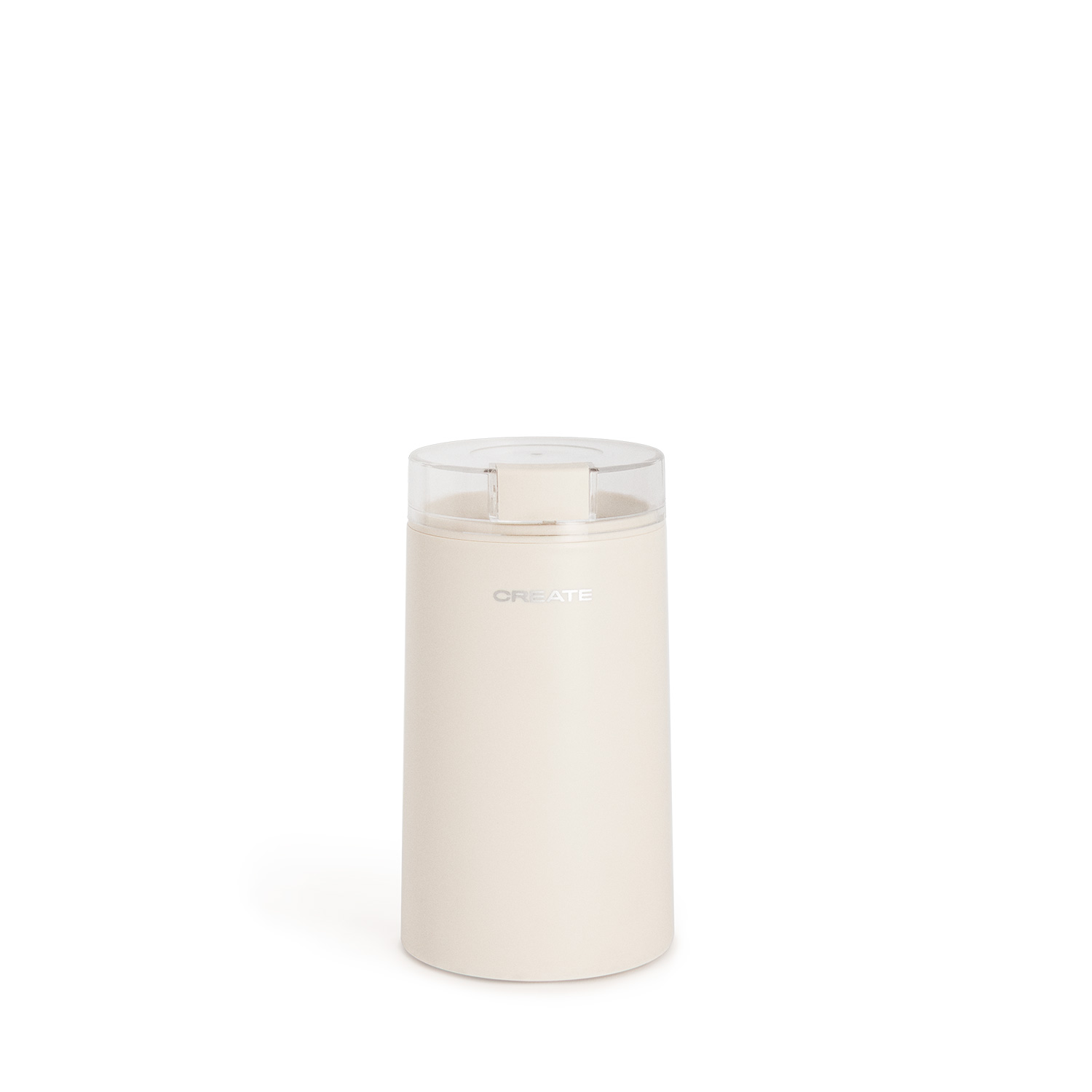 Un recipiente color crema con tapa transparente y la palabra CREATE.