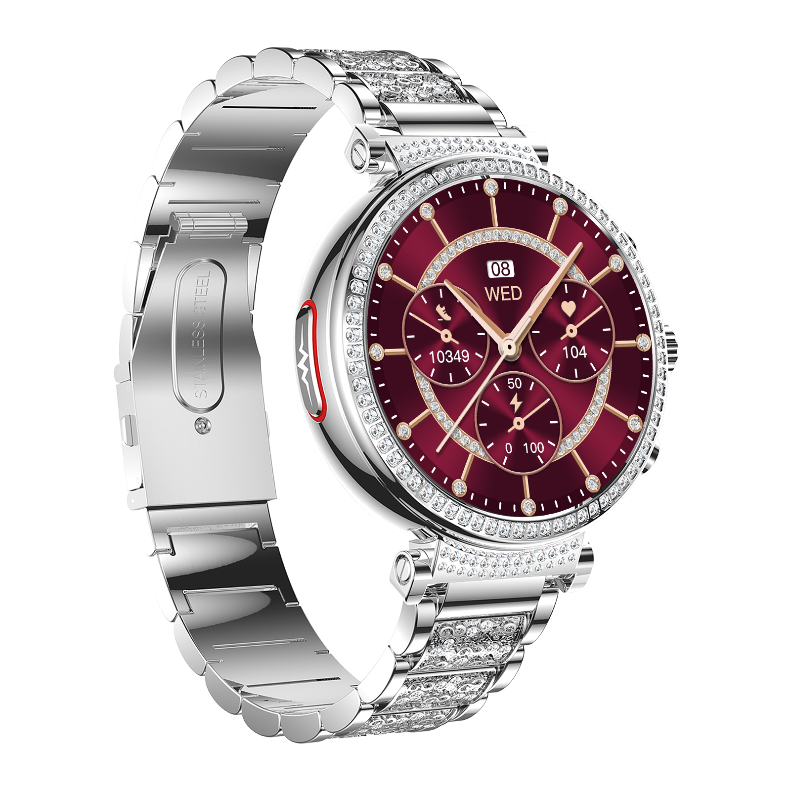 Eine silberne Smartwatch mit rotem Zifferblatt und Kristallbesatz.