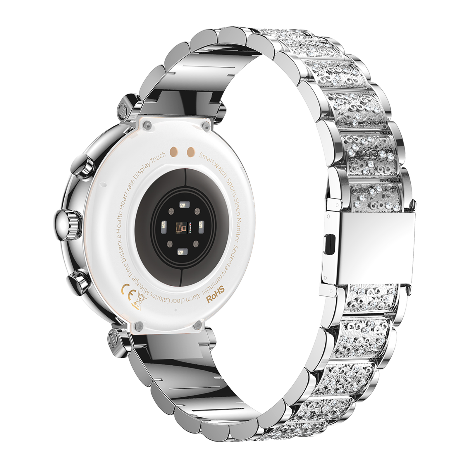 Silberne Smartwatch mit Kristallen besetztem Armband, Rückseite mit Sensoren.