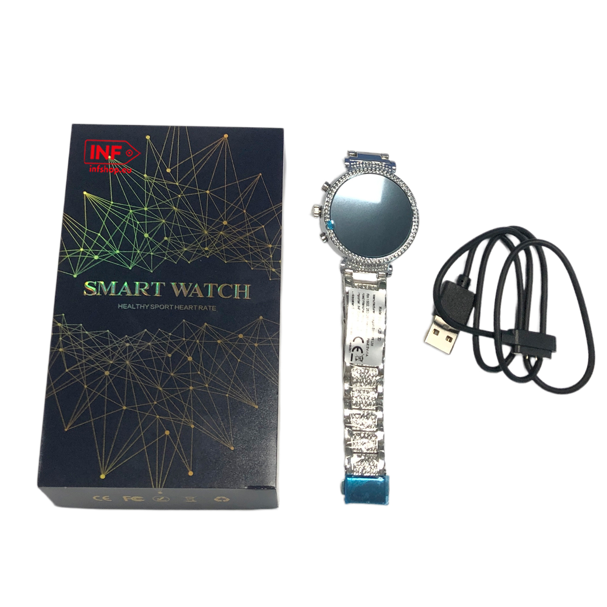 Smartwatch-Box, silberne Smartwatch mit Ladekabel auf weißem Grund.
