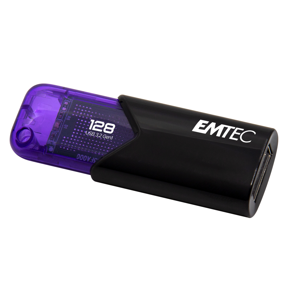 Una chiavetta USB EMTEC 3.2 Gen 1 nera con cappuccio viola traslucido.