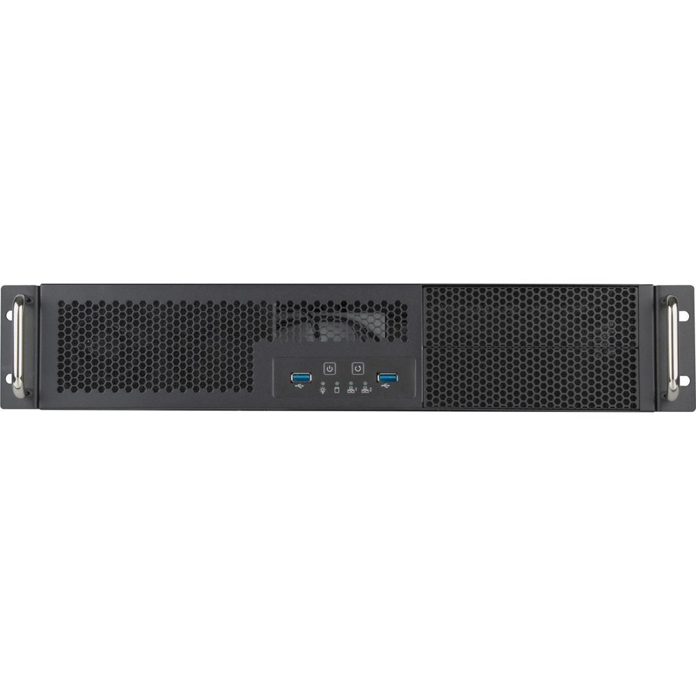 Rackmount-Server mit zwei USB-Anschlüssen, Einschaltknöpfen und Lämpchen.