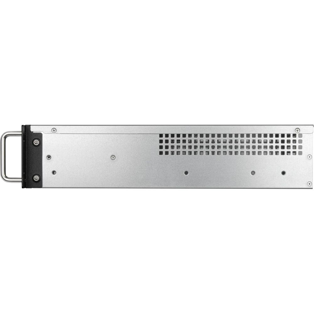 Ein silbernes Rackmount-Gerät mit einem Griff und Lüftungsschlitzen.