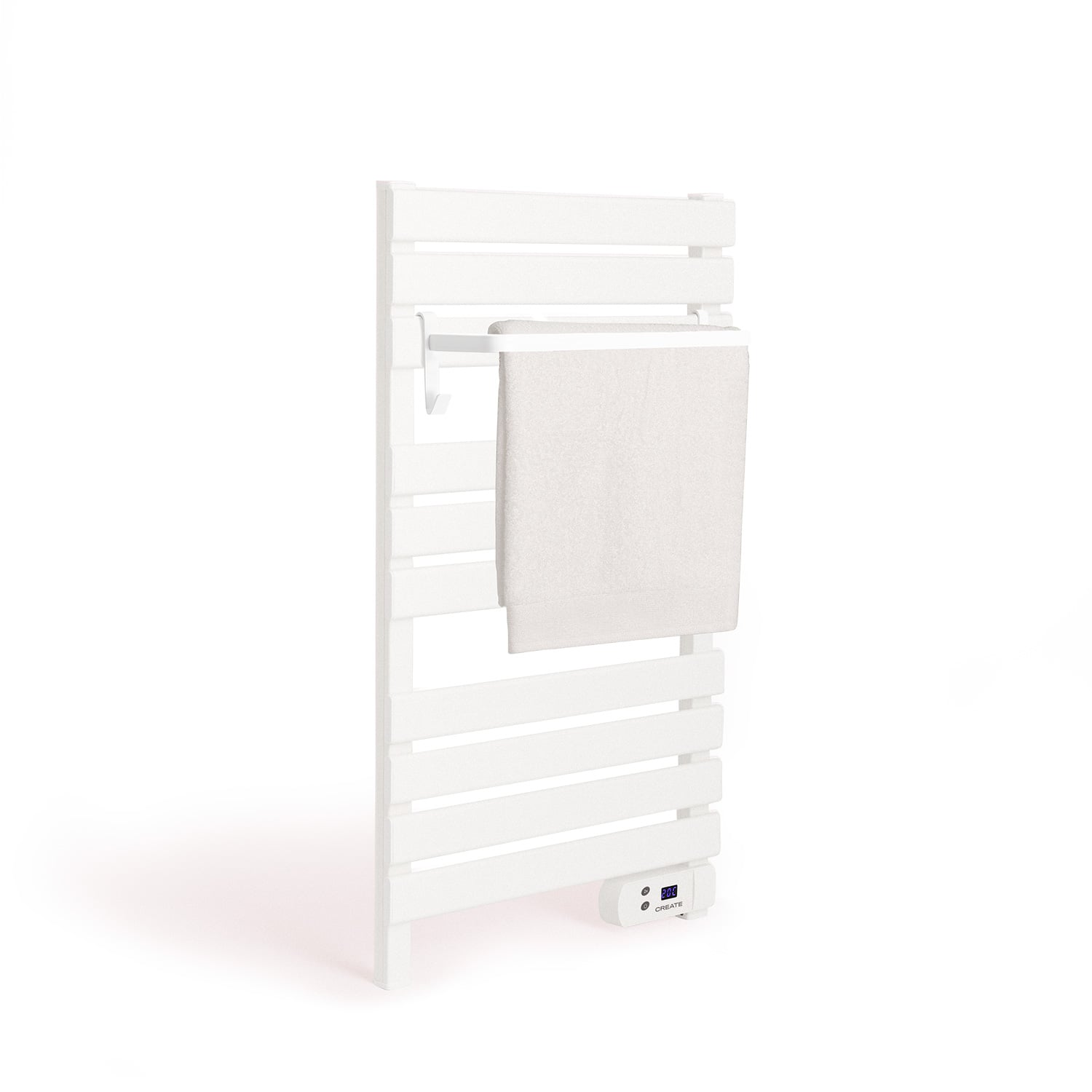 Un toallero eléctrico blanco con una toalla y pantalla digital.
