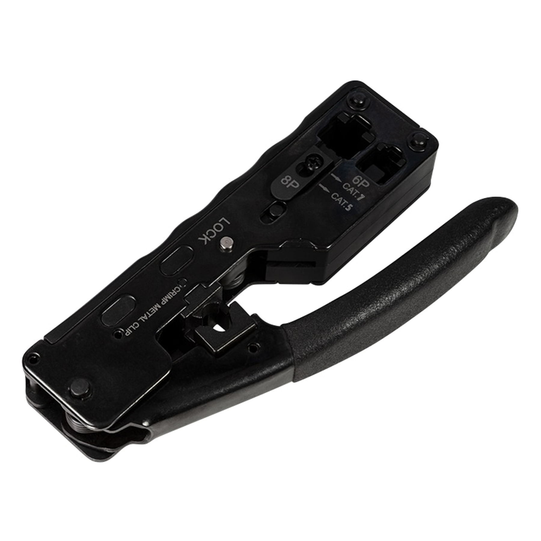 Pinza a crimpare nera con manico ed etichette come '8P', '6P CAT.7', 'CAT.5'.