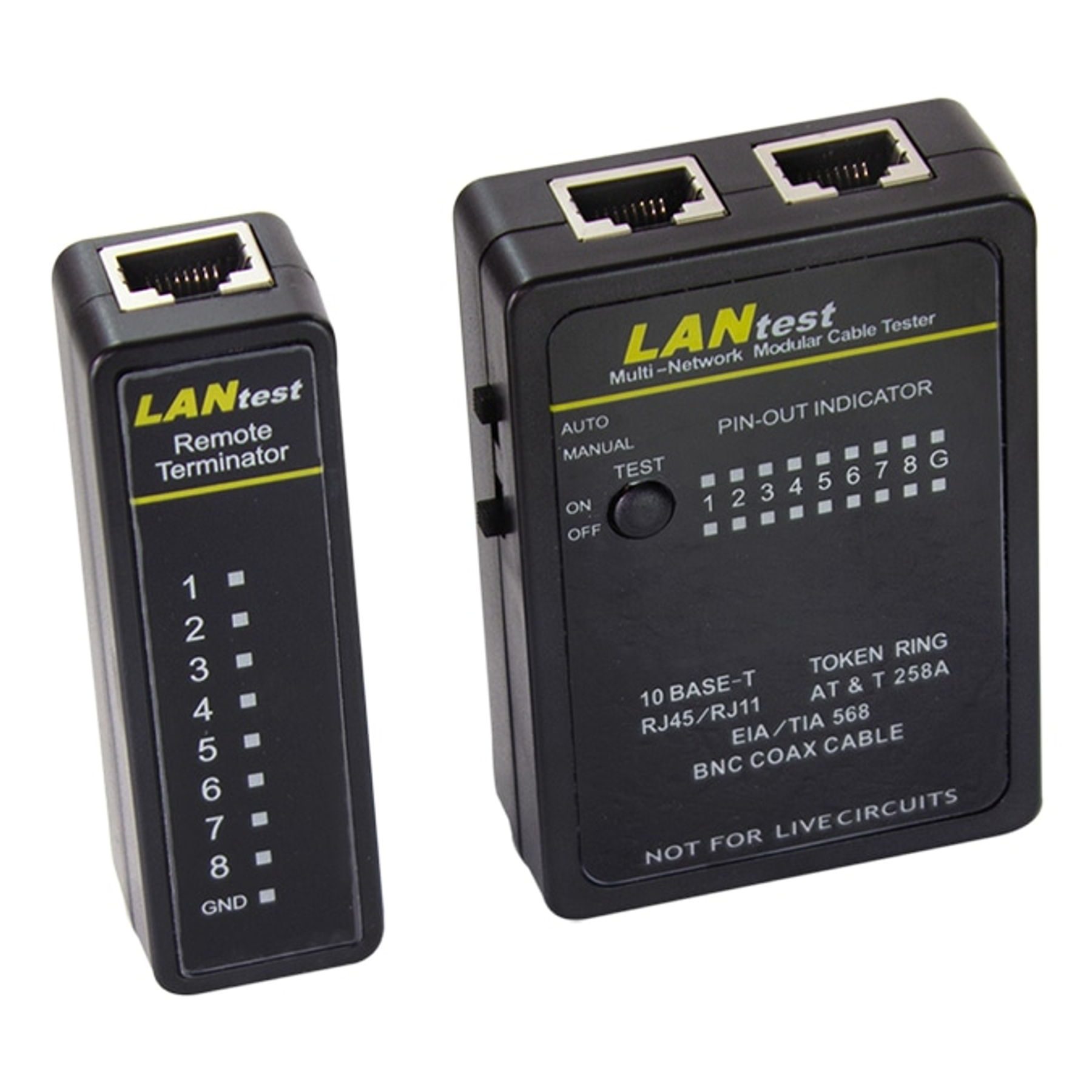 Due tester per cavi LAN neri, uno etichettato 'Remote Terminator', l'altro 'Multi-Network Cable Tester'.
