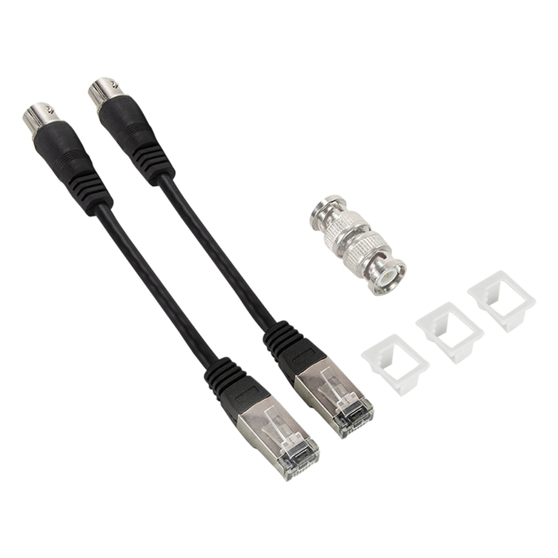 Due cavi neri con connettori RJ45 e un adattatore BNC.