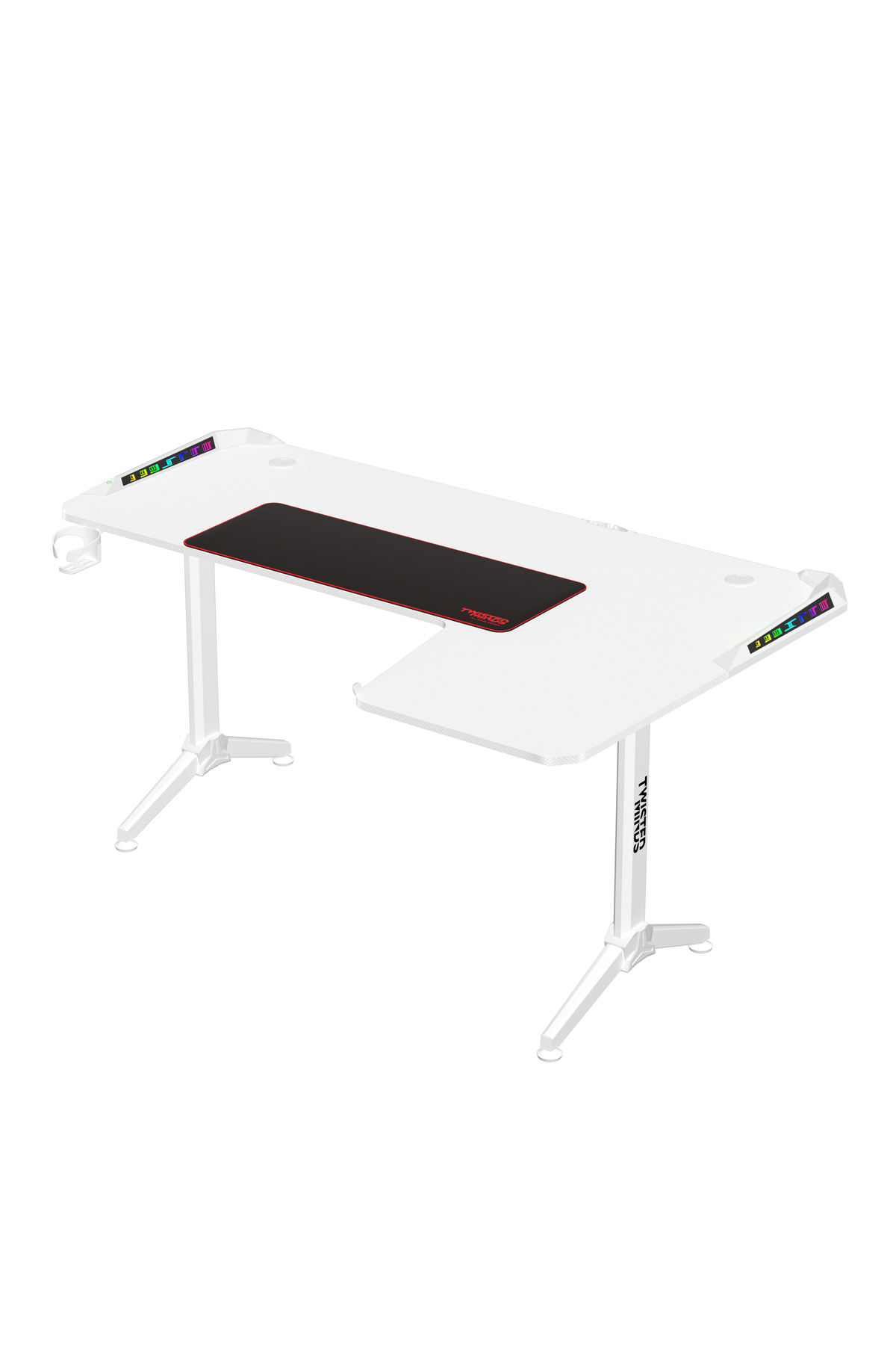 Siyah mousepad'li ve RGB aydınlatmalı beyaz L şeklinde masa.