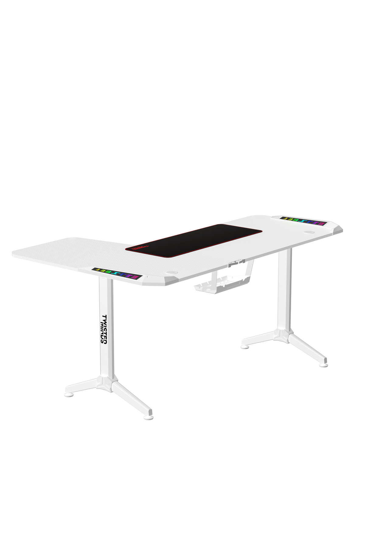 Siyah fare altlığı ve RGB aydınlatmalı beyaz L şeklinde bir oyuncu masası.