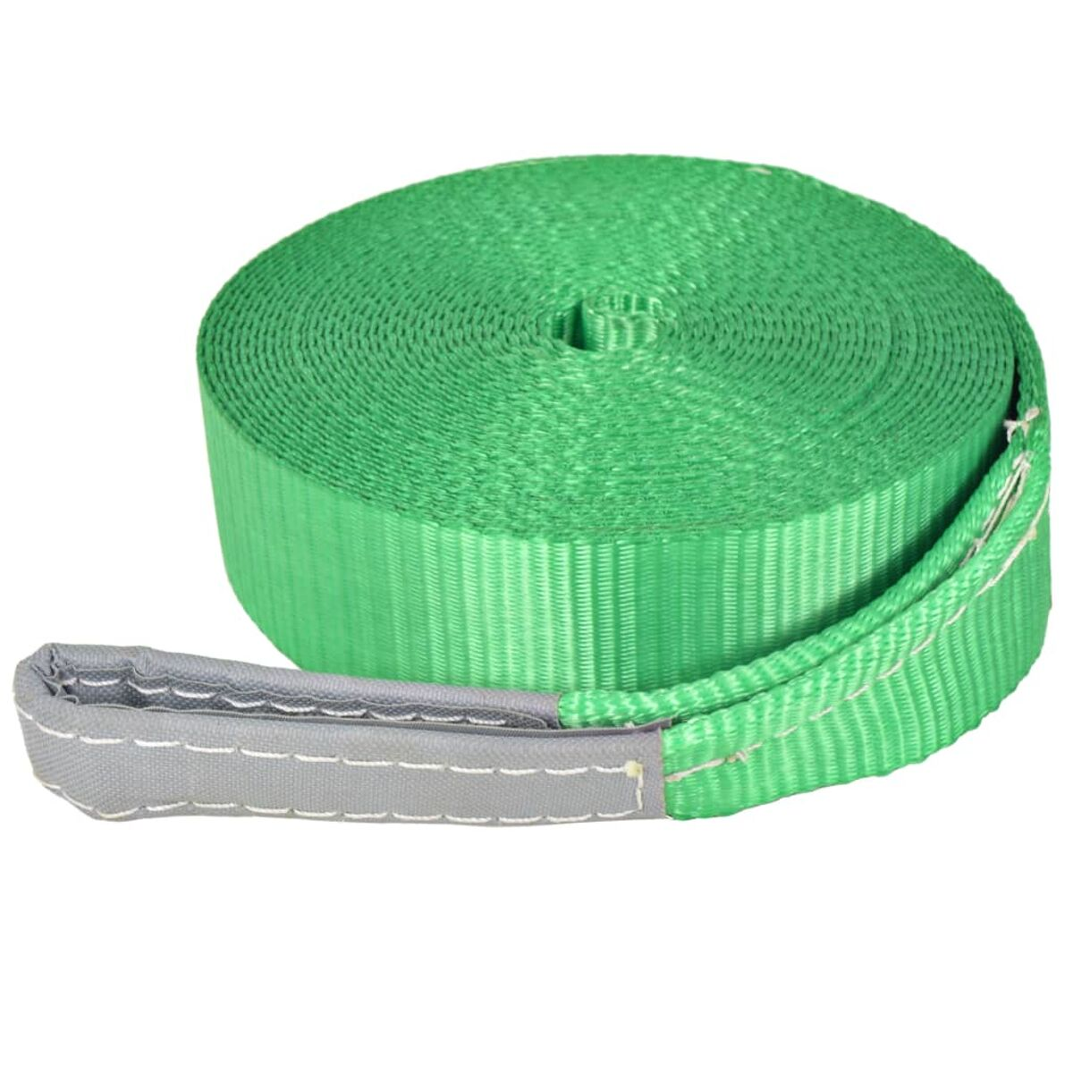 Tessuto a nastro verde arrotolato con estremità a cappio grigia.