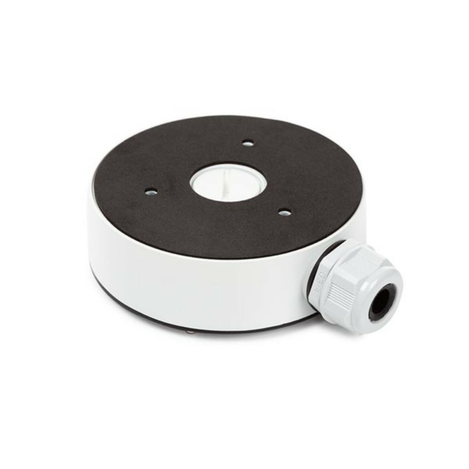 Un supporto rotondo bianco con parte superiore nera e pressacavo grigio.