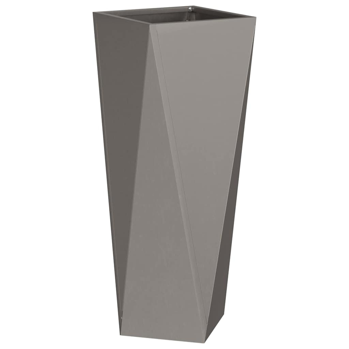 Un vaso alto, grigio e geometrico su sfondo bianco.