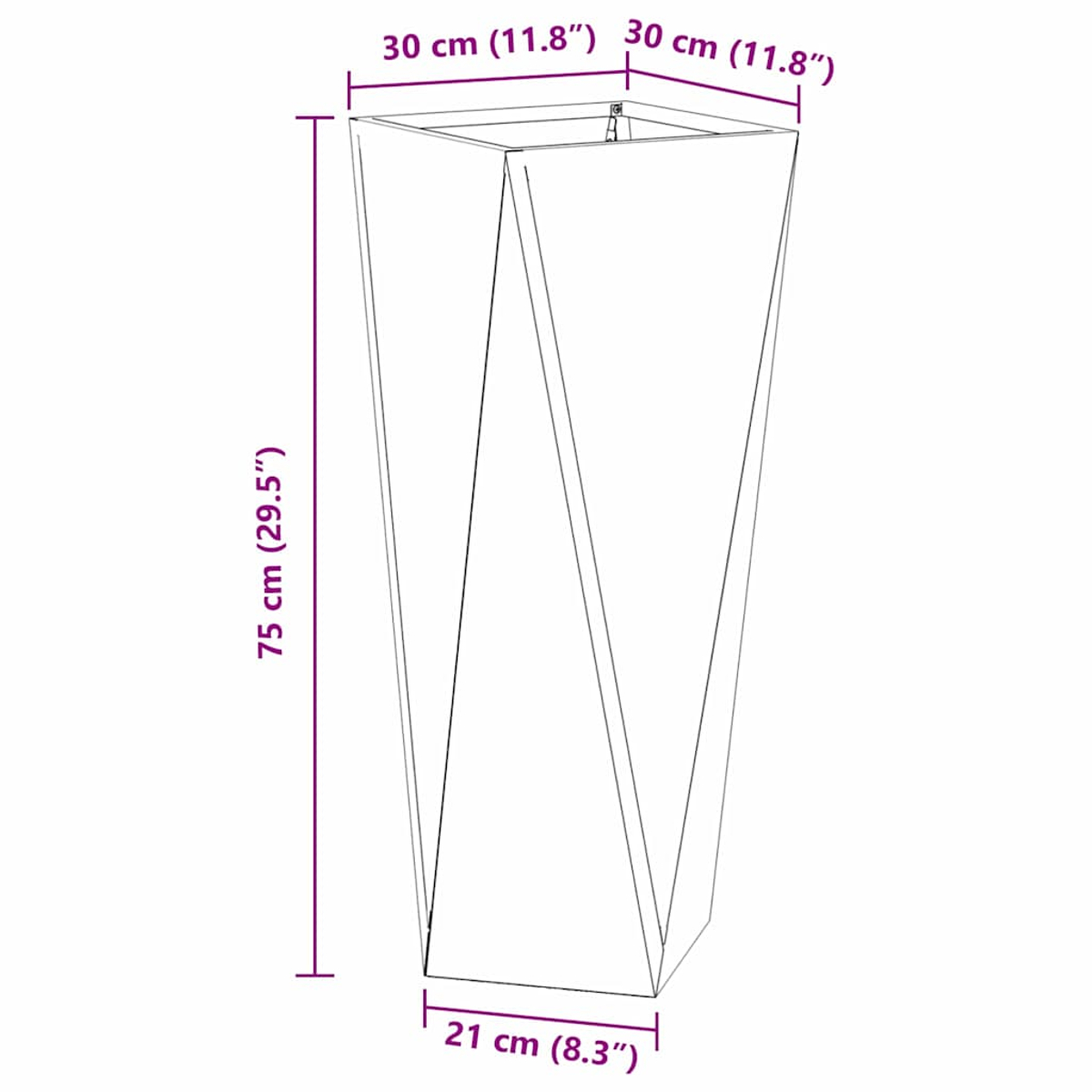 Un disegno al tratto di un fioriera alta e rettangolare. Dimensioni mostrate: altezza 75 cm, larghezza superiore 30 cm, larghezza inferiore 21 cm.