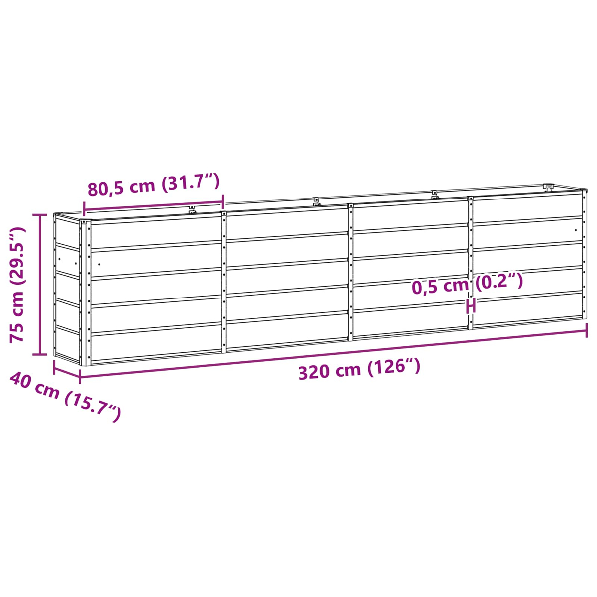 Un contenitore lungo e rettangolare aperto, largo 320cm, alto 75cm, profondo 40cm.