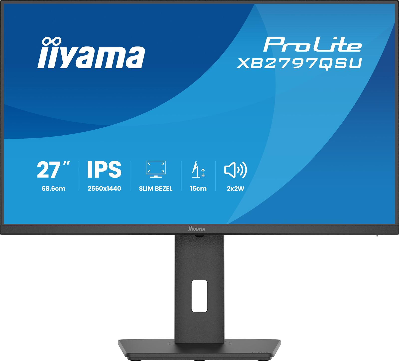 Een zwarte Iiyama ProLite monitor met 27-inch IPS-scherm en slanke rand.