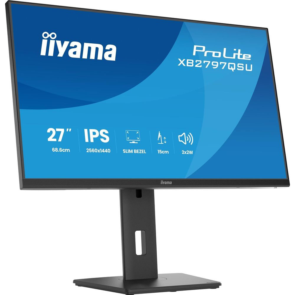 Een zwarte iiyama monitor met 27-inch IPS, 2560x1440 resolutie en slanke rand.
