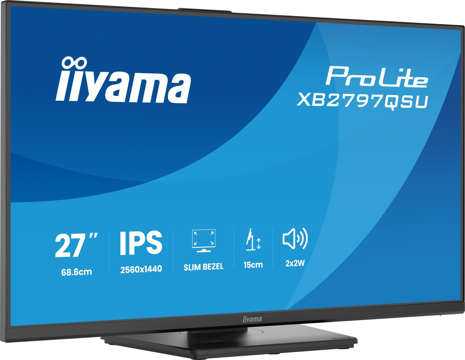 Een zwarte monitor met blauwe achtergrond. Kenmerken: 27" IPS, 2560x1440, slanke rand, 15cm, 2x2W.