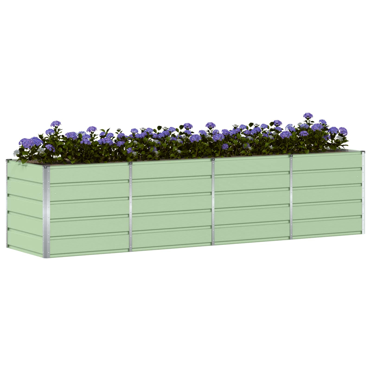 Un'aiuola rialzata verde chiaro con fiori viola in cima.