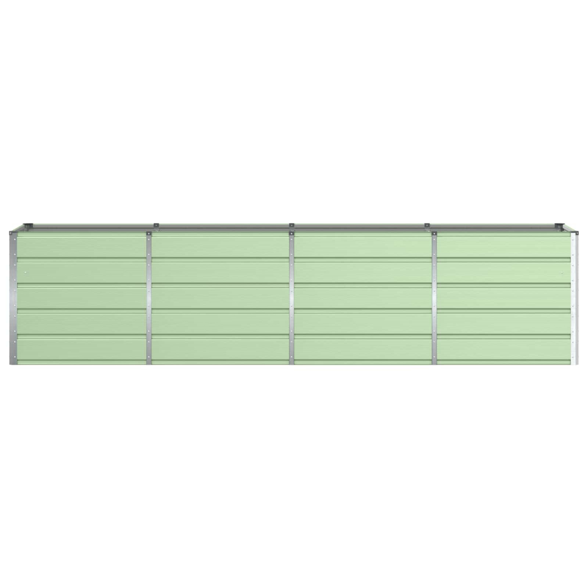 Muro verde chiaro di pannelli orizzontali con montanti metallici, sfondo bianco.