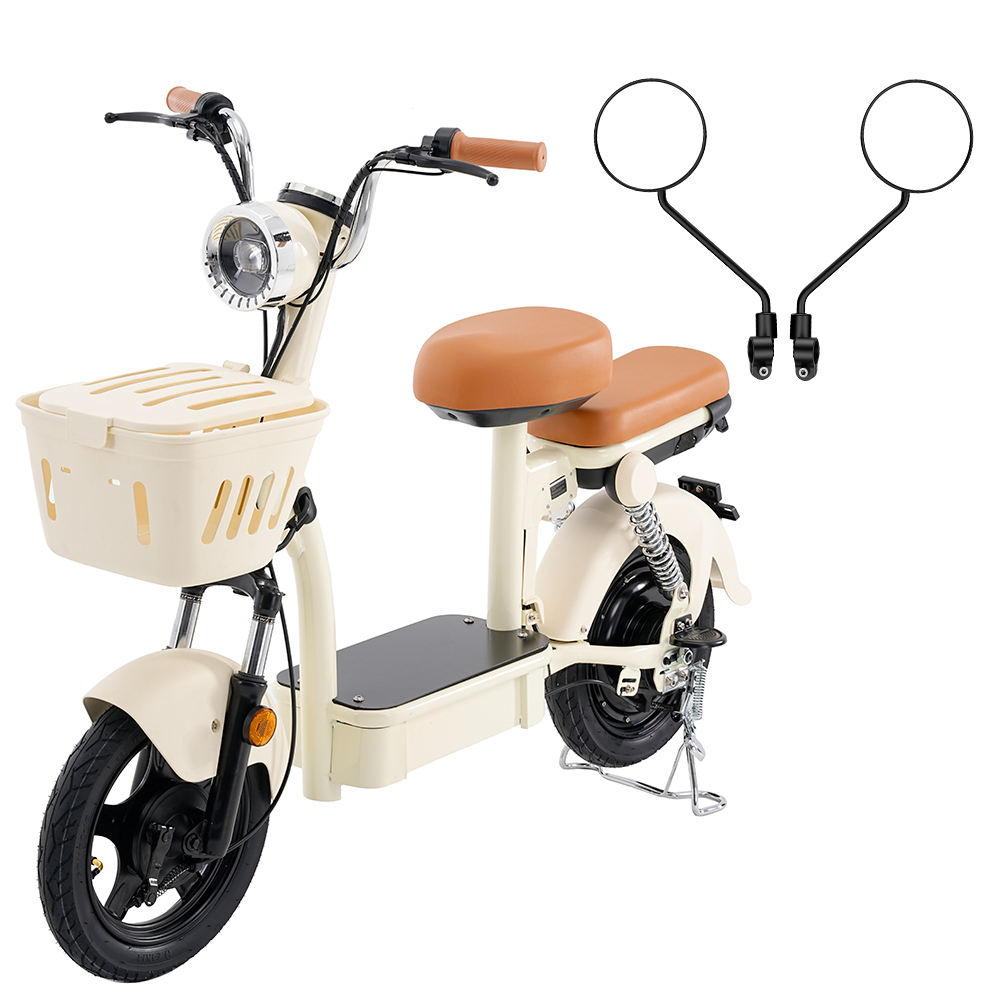 Monopattino elettrico color crema con sedile marrone, cestino e due specchietti rotondi.