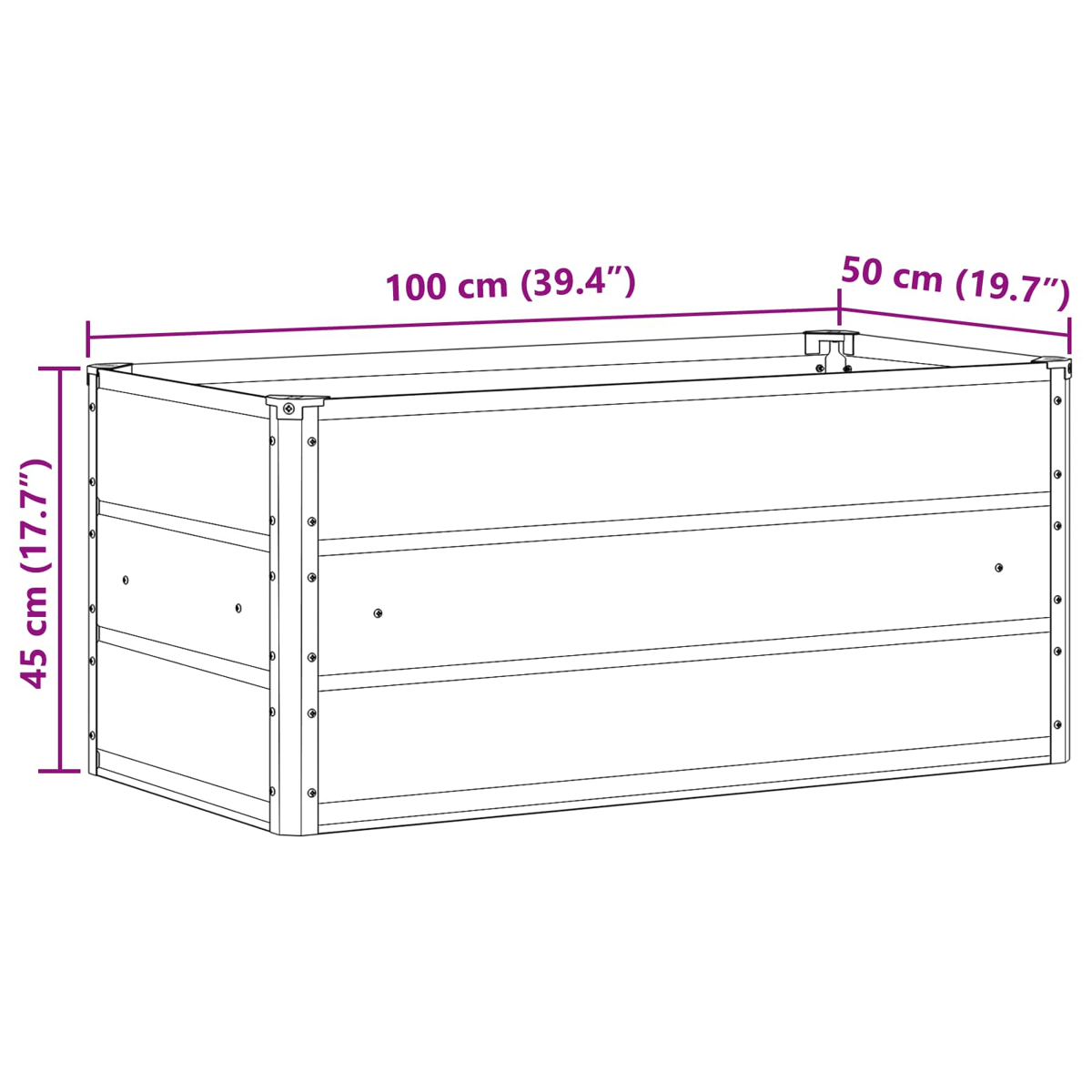 Telaio rettangolare per aiuola rialzata in legno, misure 100x50x45 cm.