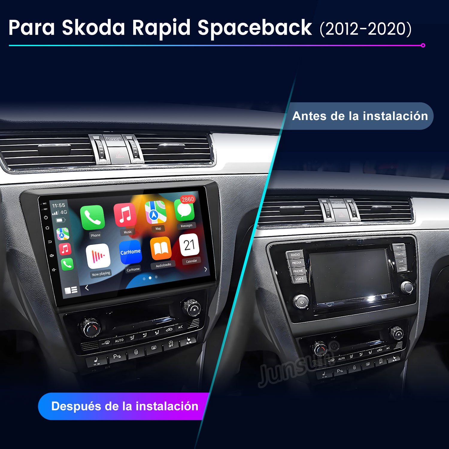 Comparación antes y después de la radio del Skoda Rapid Spaceback.