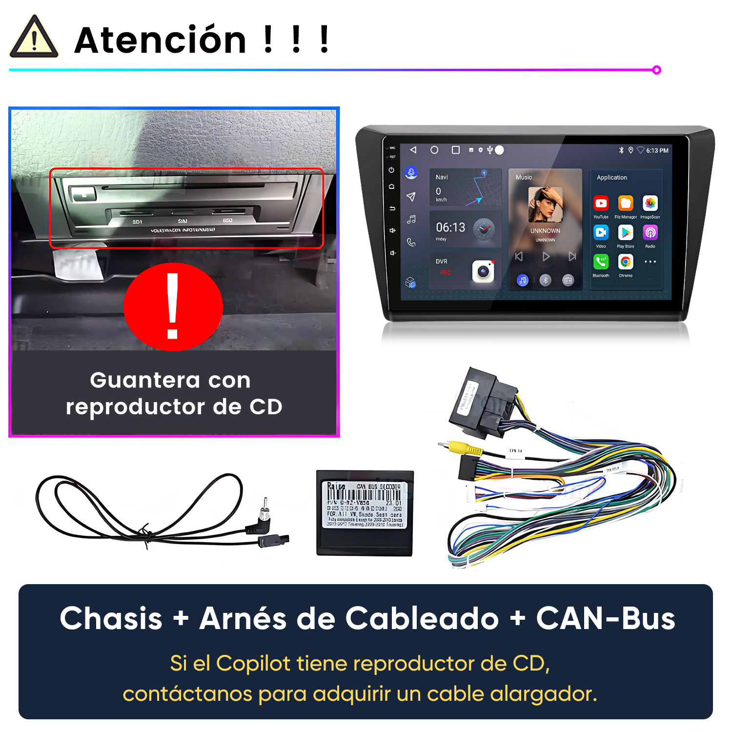 Imagen muestra una ranura de CD de coche, radio de coche y arneses.