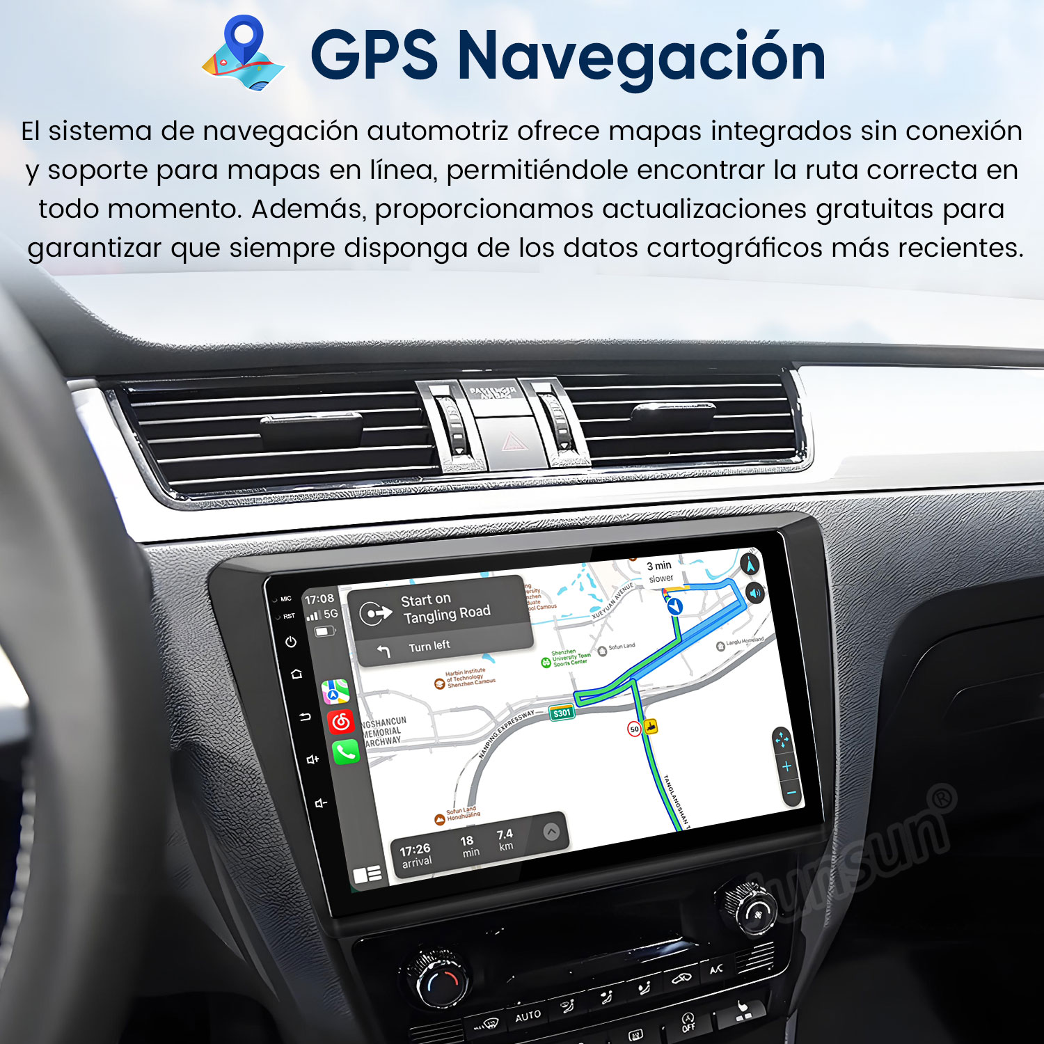 Salpicadero de coche con GPS mostrando una ruta. Texto en español sobre funciones de navegación.
