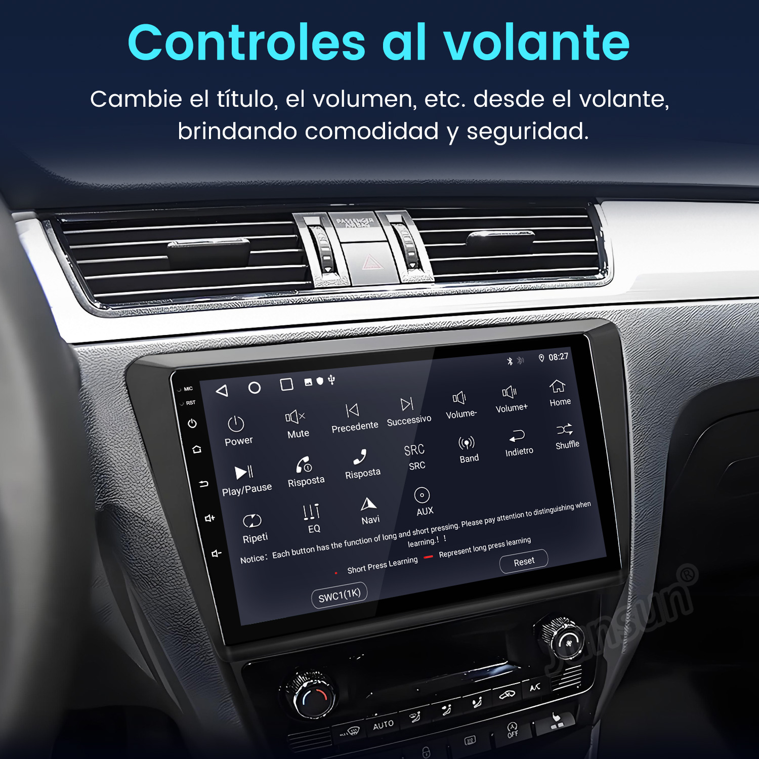 Salpicadero de coche con pantalla táctil grande que muestra controles de audio y ajustes.