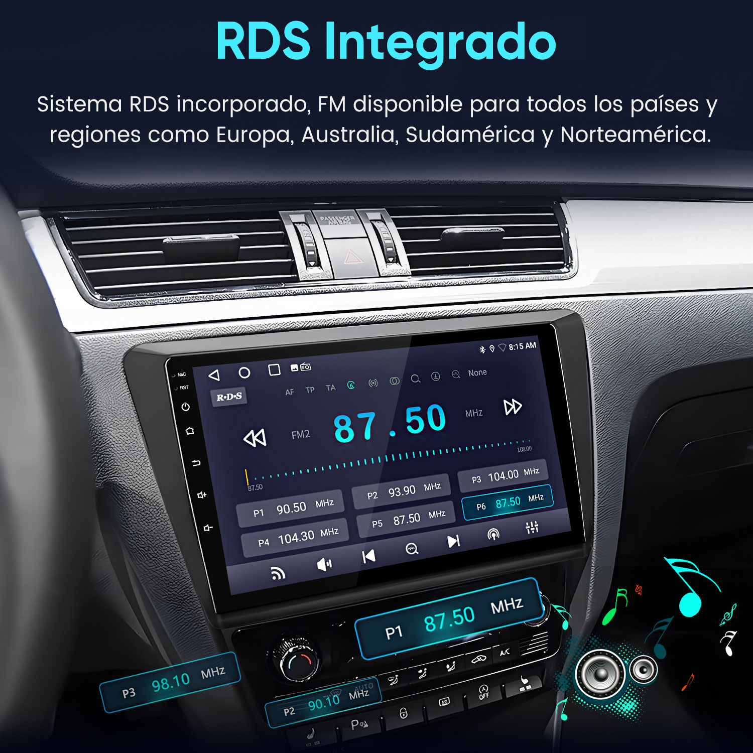 Pantalla de radio de coche con información RDS y emisoras.