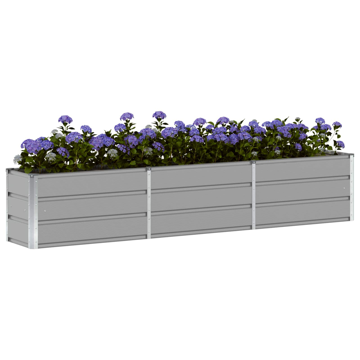 Fioriera grigia con ortensie viola e foglie verdi.
