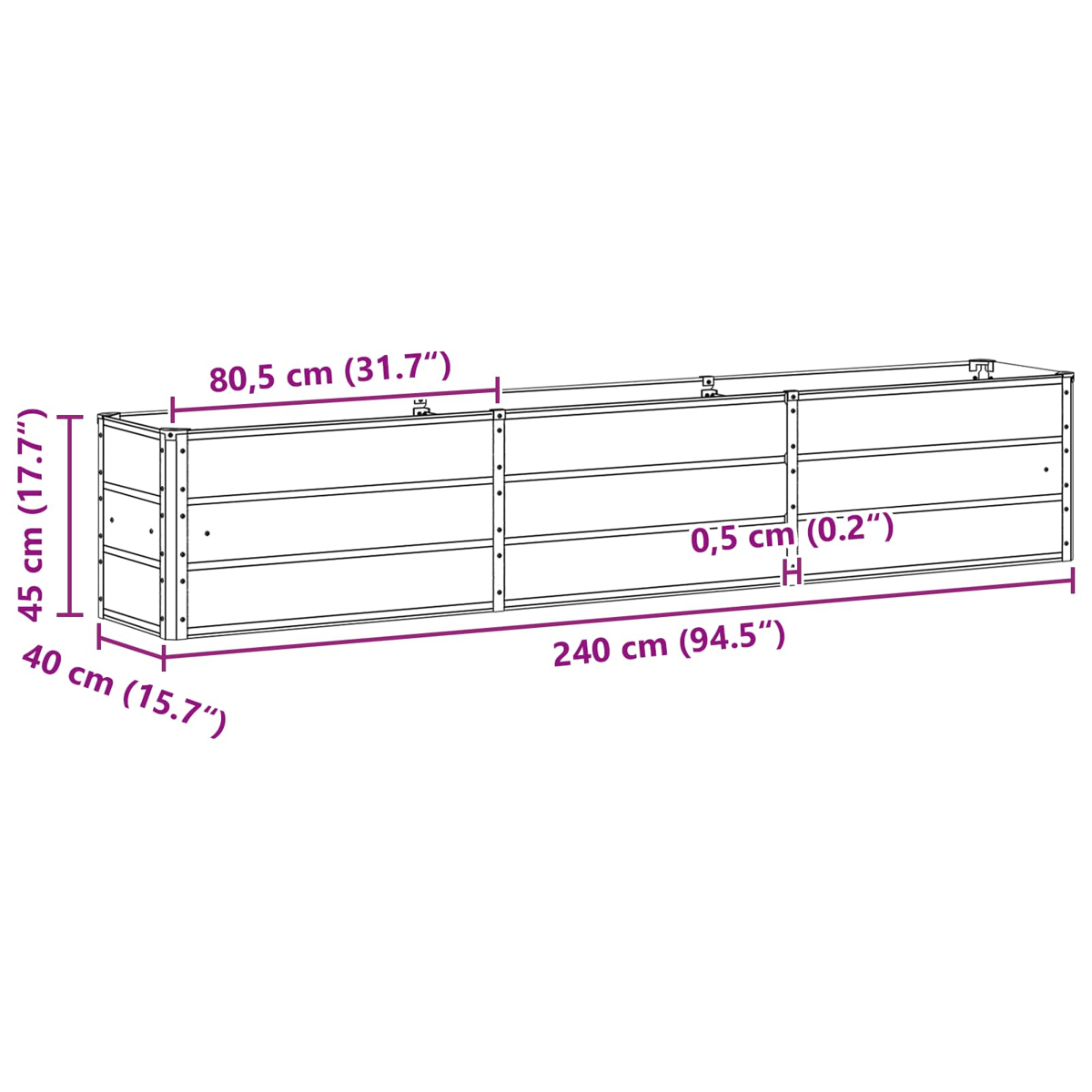 Un mobile rettangolare lungo da 240x45x40 cm, progettato per il montaggio a parete.