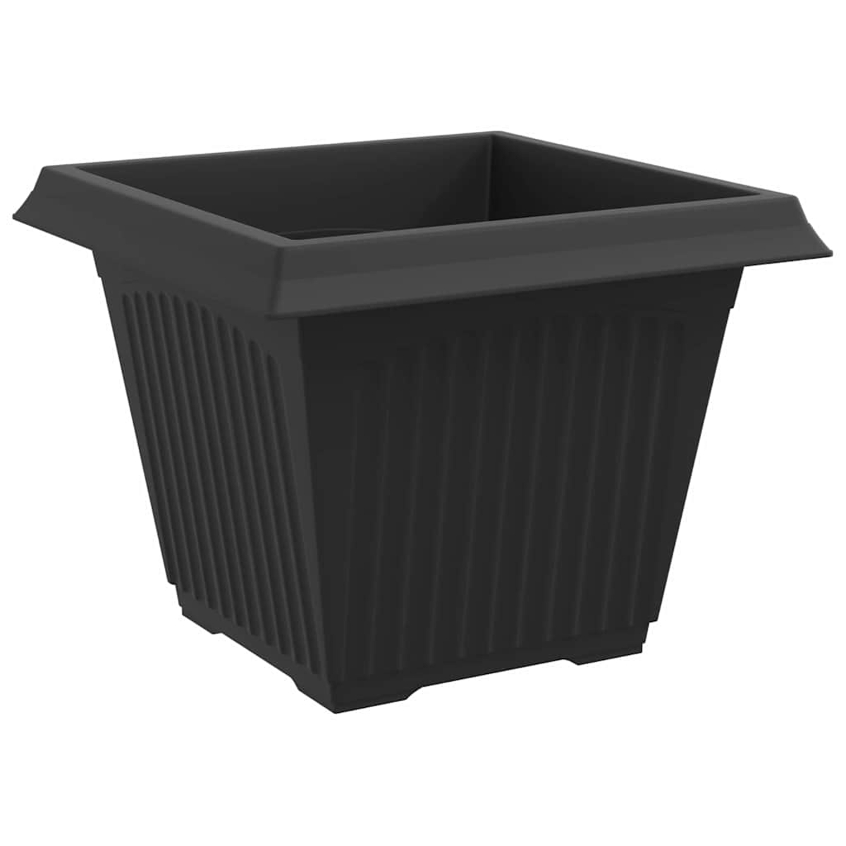 Un vaso nero, quadrato, con lati scanalati e un bordo largo.