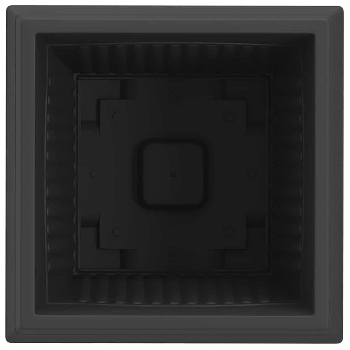 Contenitore quadrato nero con nervature verticali e pareti interne a gradini.