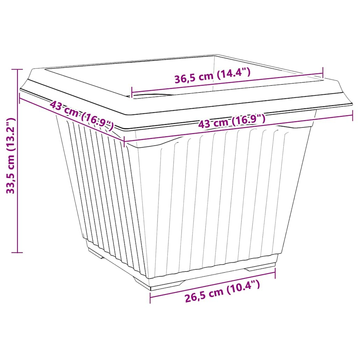Fioriera quadrata con dimensioni: 36,5 cm largh., 33,5 cm alt., 43 cm prof.