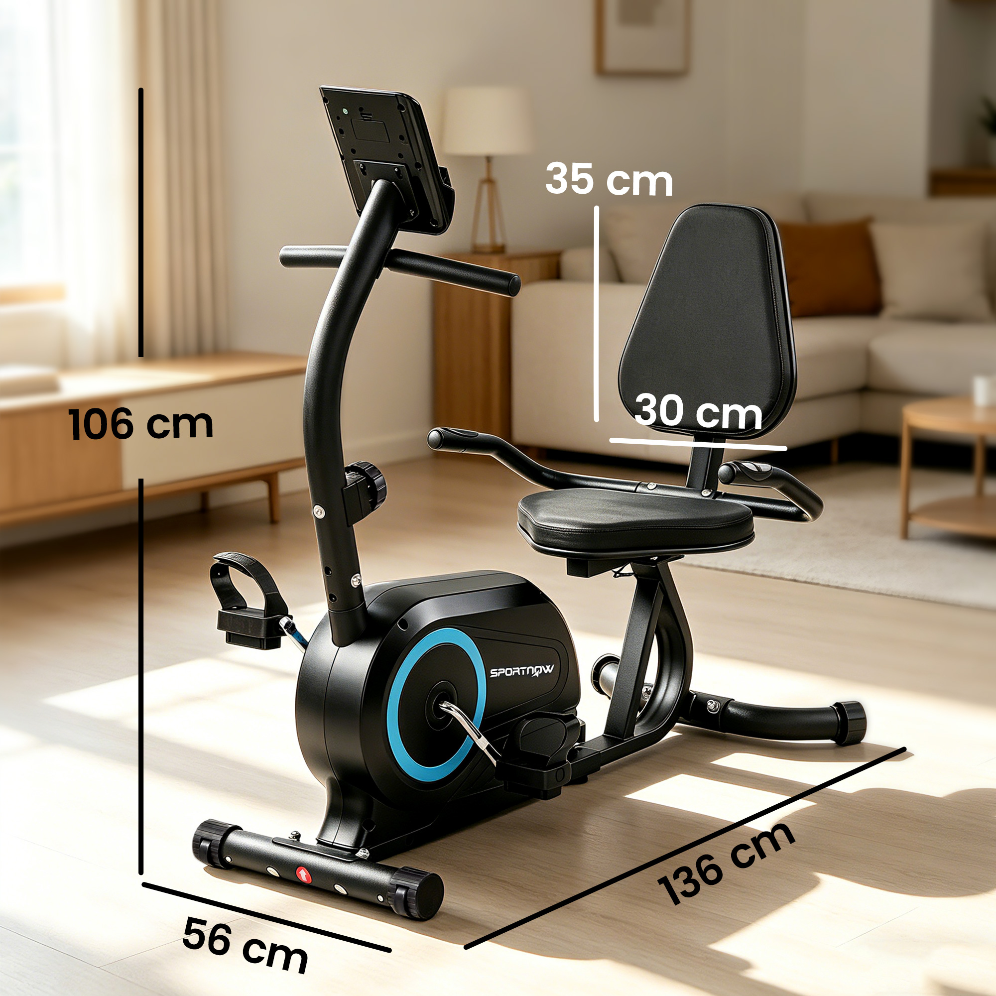 Cyclette nera con sedile e display, dimensioni indicate.