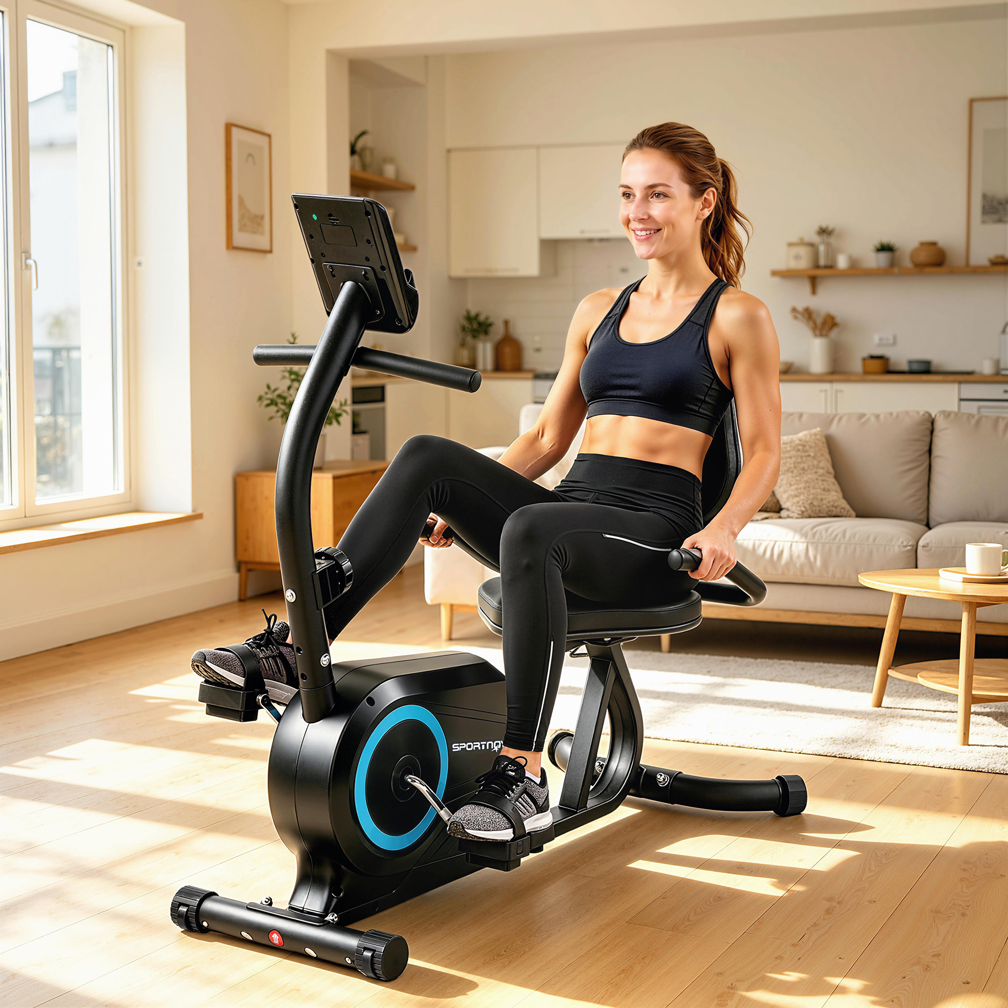 Donna si allena su una cyclette in un soggiorno moderno e luminoso con cucina sullo sfondo.