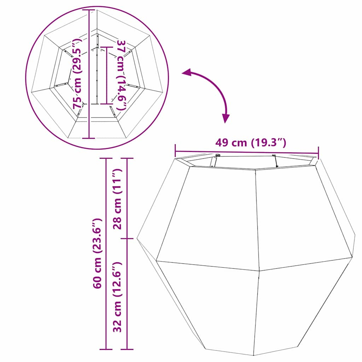 Diagramma di un contenitore sfaccettato con dimensioni per altezza, larghezza e profondità.